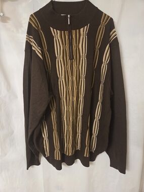Stacy Adams Brown Half-Zip Sweater with Tan Vertical Stripes